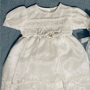 Elegant White Baby Baptismal Gown & Bonnet with Lace Details